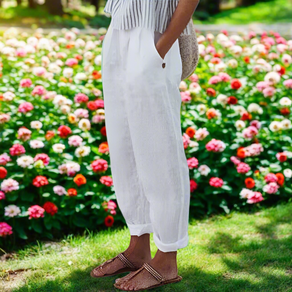  weiche Leinenhose für Damen mit Seitentaschen 