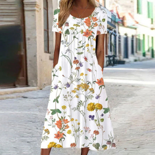 Weiß maxi Sommerkleid mit Blumenmuster, langer Schnitt und kurzen ÄrmelnWeiß