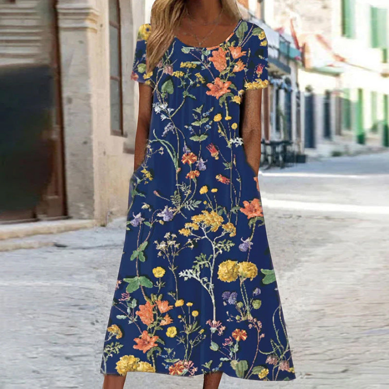 Dunkelblau maxi Sommerkleid mit Blumenmuster, langer Schnitt und kurzen Ärmeln