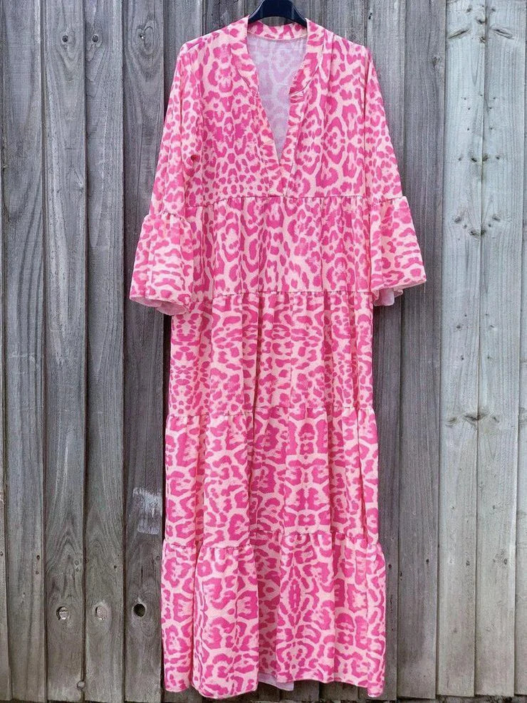 Lange Pink Damenkleid mit Leopardenmuster und langen Ärmeln