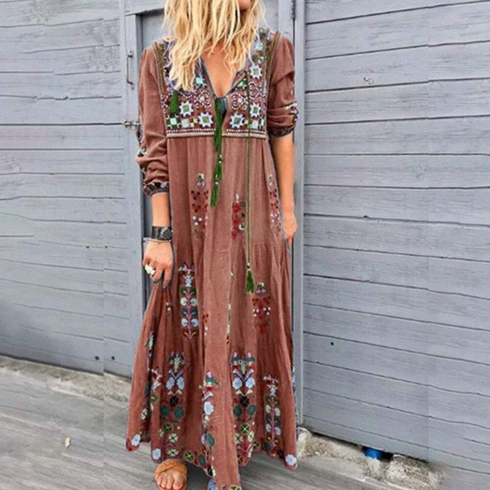 Braun lange Boho-Kleid mit langen Ärmeln, langer Schnitt und V-Ausschnitt