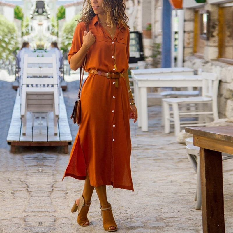 Orange uftige Sommerkleid mit Knöpfen, kurzen Ärmeln und halblanger Schnitt