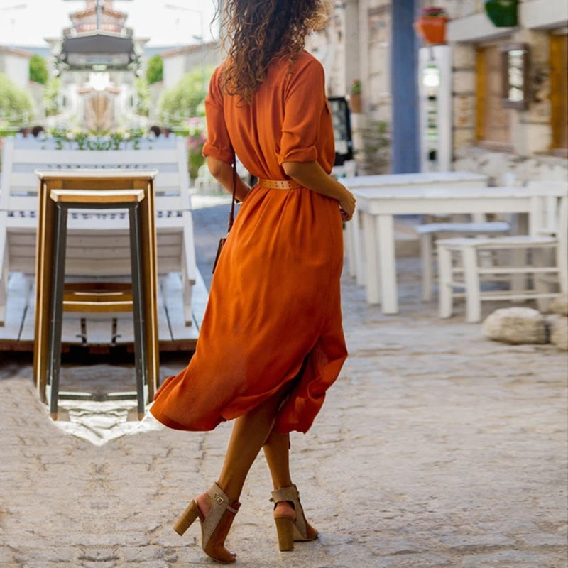 Orange uftige Sommerkleid mit Knöpfen, kurzen Ärmeln und halblanger Schnitt