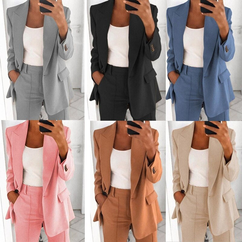 Anzug mit Blazer und Hose für Damen in den Farben Schwarz, Braun, Blau, Grau, Rosa und Beige