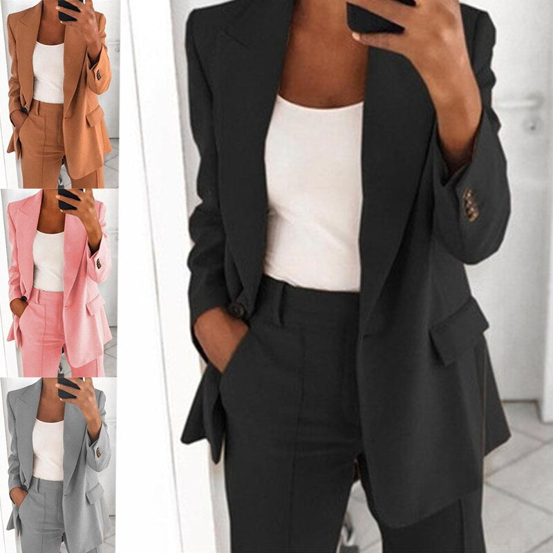 Anzug mit Blazer und Hose für Damen in den Farben Schwarz, Braun, Braun, Grau, Rosa und Beige