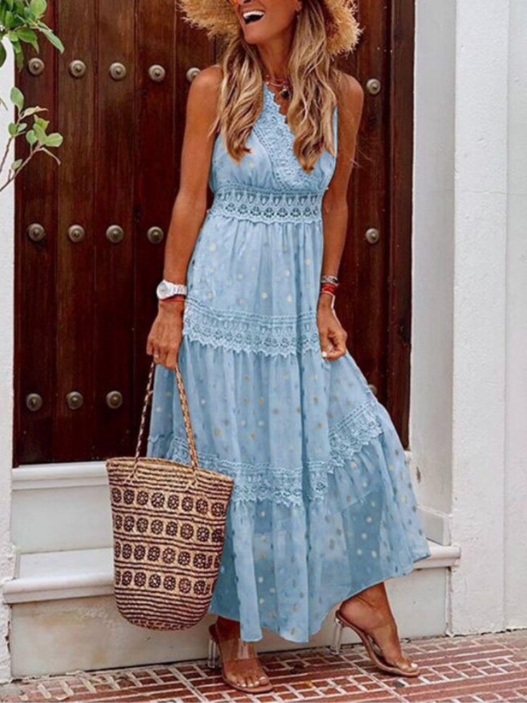 Blau lange Bohemian Kleid mit Rüschen, kurzen Ärmeln und einer langen Schnittführung