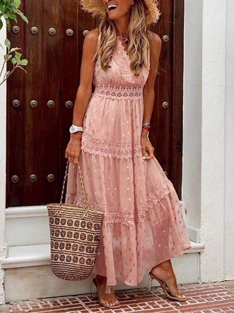 Rosa lange Bohemian Kleid mit Rüschen, kurzen Ärmeln und einer langen Schnittführung