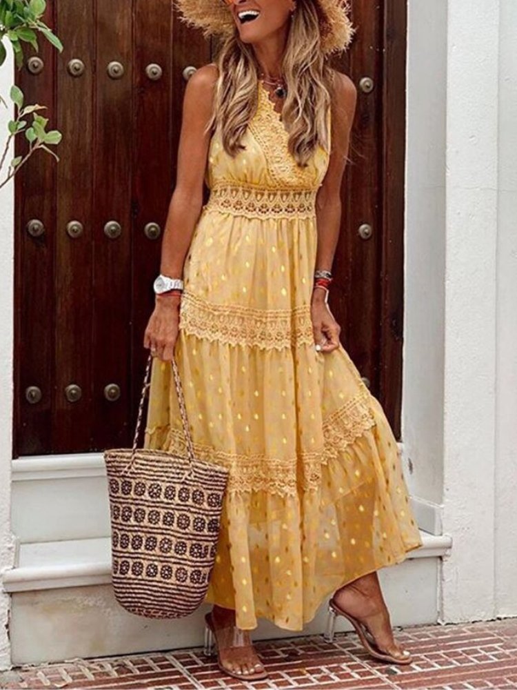 Gelb lange Bohemian Kleid mit Rüschen, kurzen Ärmeln und einer langen Schnittführung