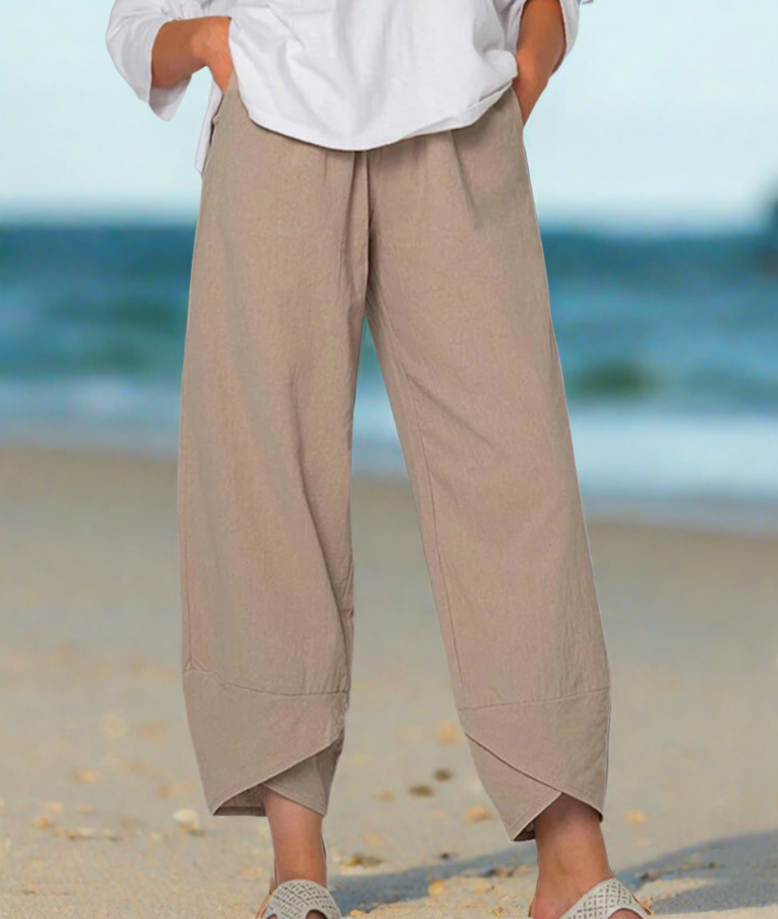 Beige leichte Baumwollhose für Damen