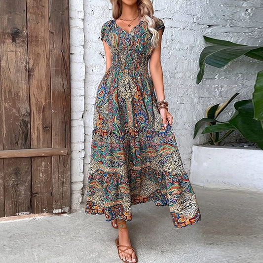 Elli – Elegantes Bohemian-Kleid mit elastischer Taille und V-Ausschnitt