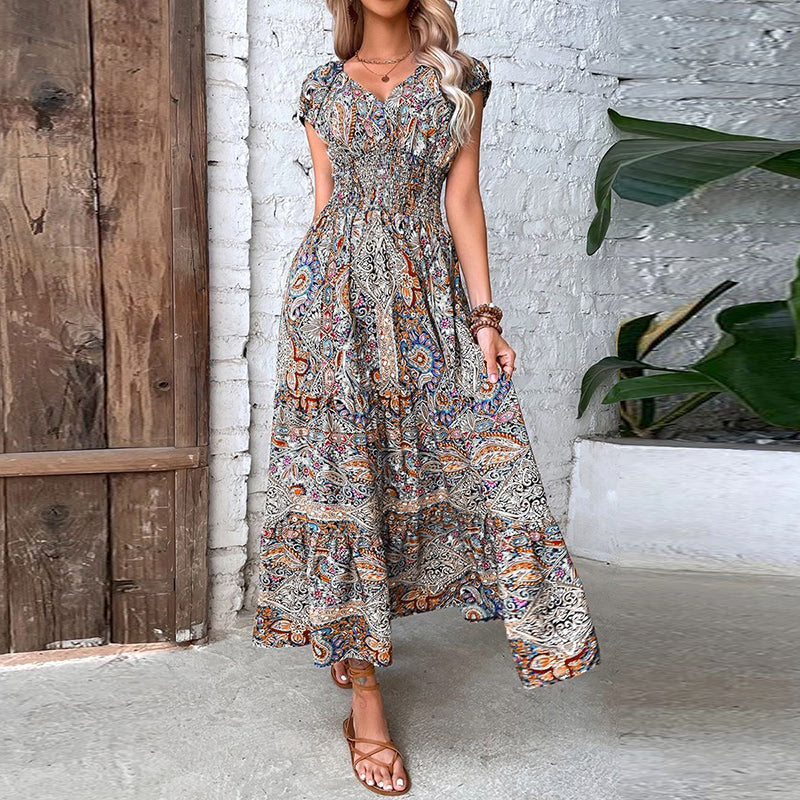 Elli – Elegantes Bohemian-Kleid mit elastischer Taille und V-Ausschnitt